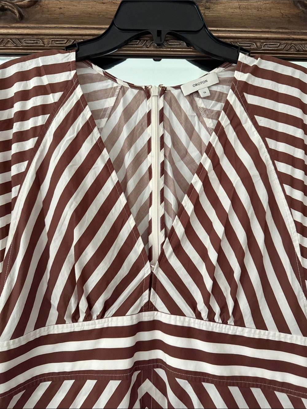 Oroton Midi Dress V-Neck Flutter Sleeve Brown & White Striped (US 10/AU 14) - Picture 6 of 9